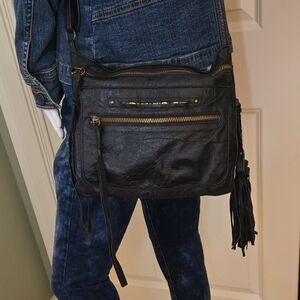 Embrazio Media Black Leather Crossbody Bag with Tassel